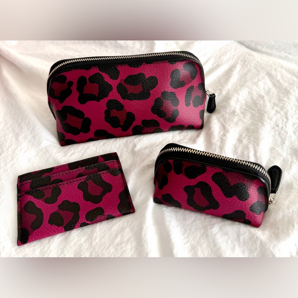 👑✅PRICE FIRM✅ Coach Leather Fuchsia Leopard Print Accessory RARE Trio🔥🔥🔥 - Picture 3 of 16